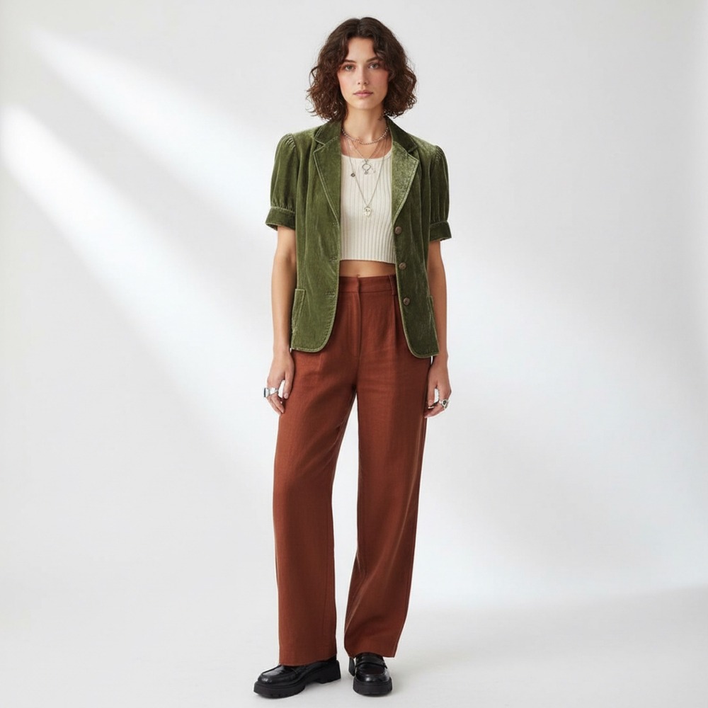 VTG Y2K Tahari Olive Green Silk Blend Velvet Short Sleeve Blazer Jacket Size L